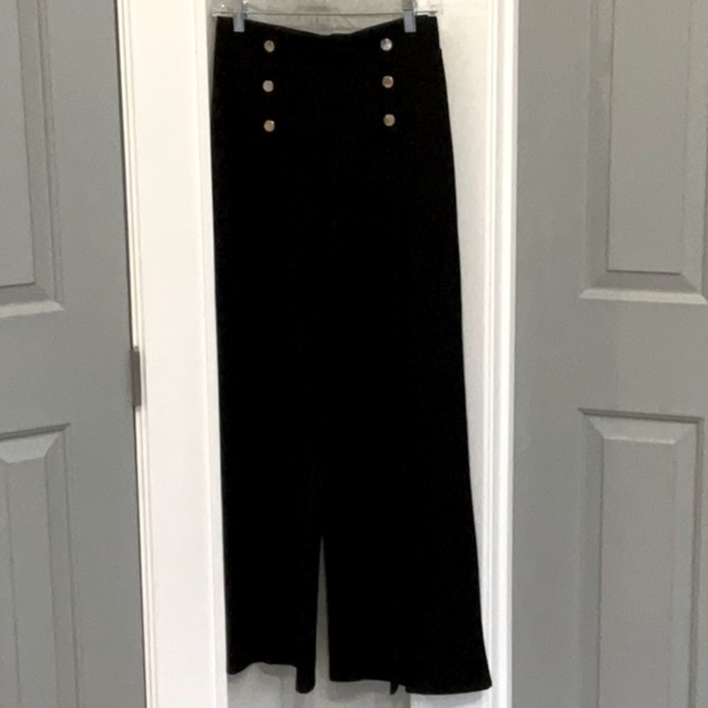 H & M black sailor style pull on pants split front hem and seam down the front